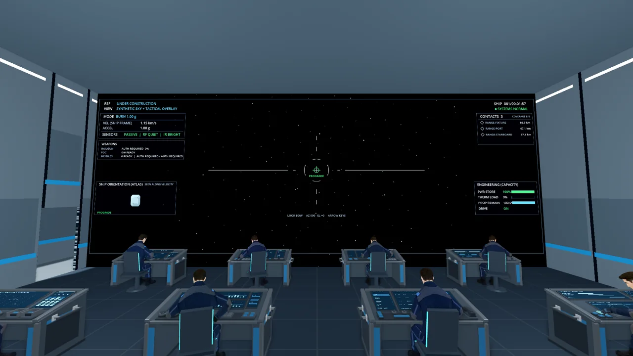 View from the Captain’s chair across seated CIC crew, new consoles and the prototype live wall display