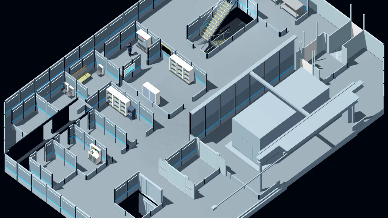 Prototype D5 mission-support rooms and large shuttle-bay blockout beside the stairs